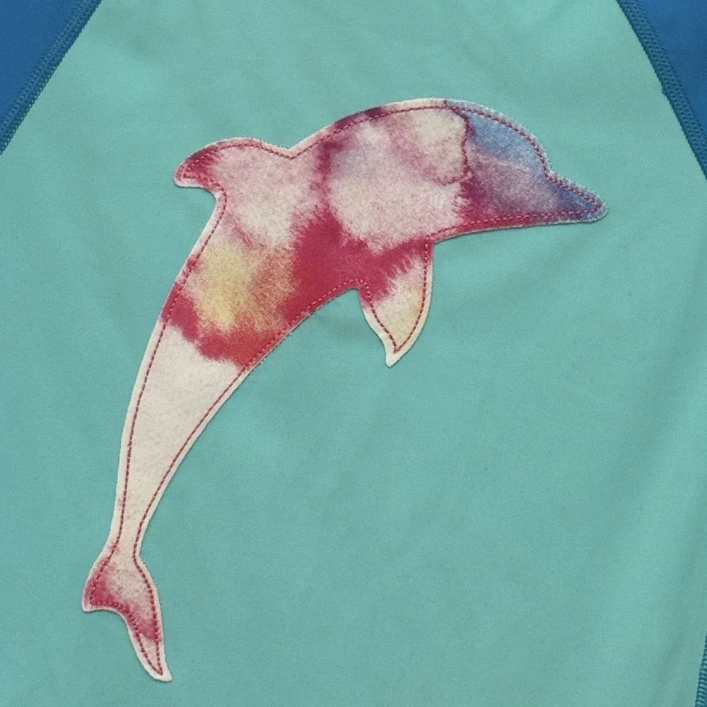 Lands End Two Tone Teal Rash guard with Rainbow Dolphin Swim Shirt  Kids Large